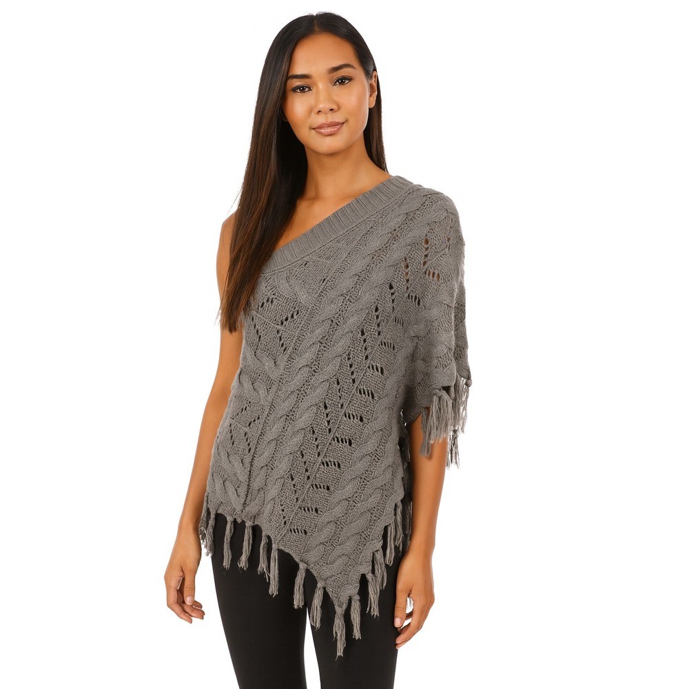 Mudd Gray One Shoulder Cable Knit western Poncho Sweater Fringe Boho L-XL